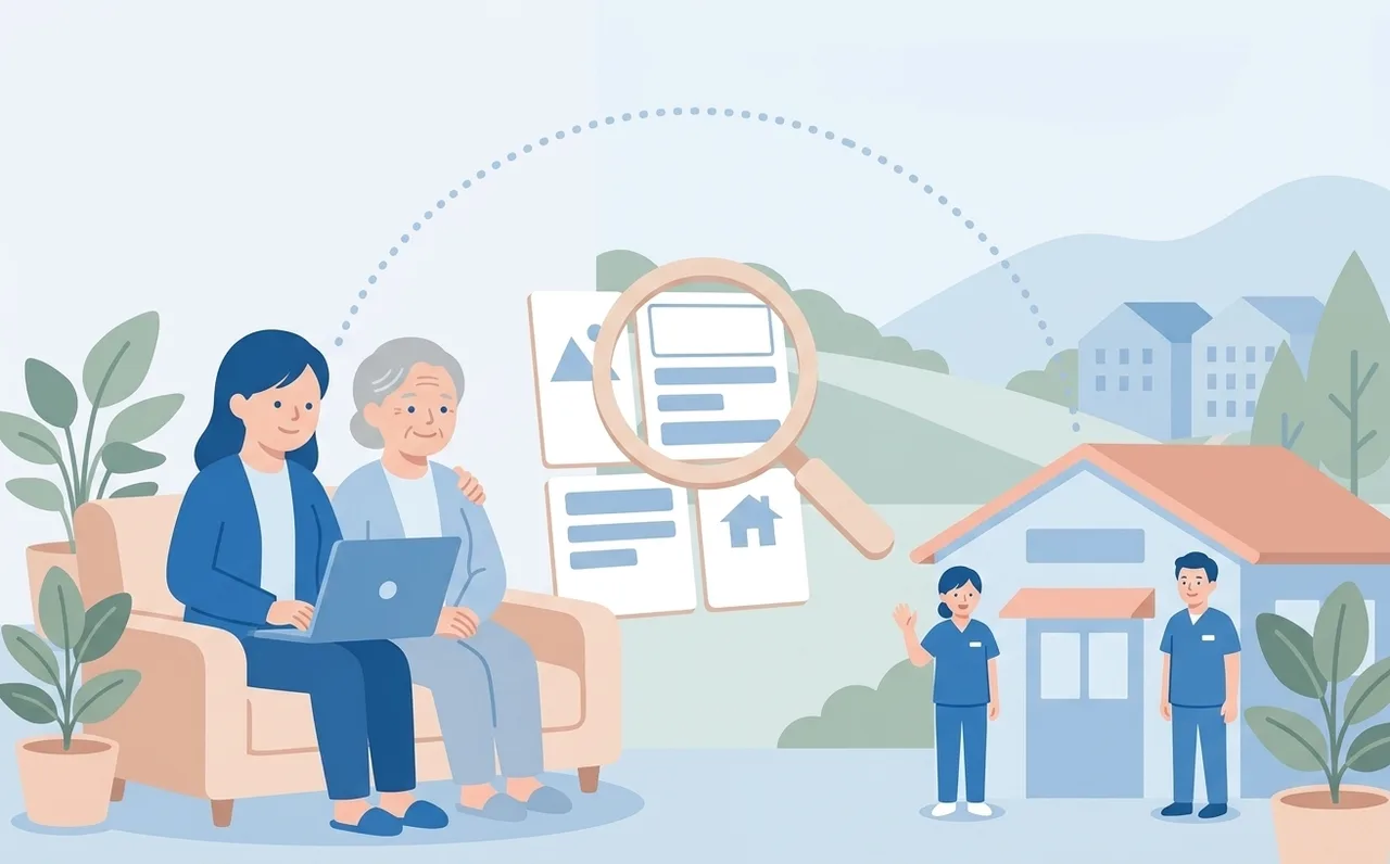 自宅でサービスを探すご家族と事業所を、検索サービスがつなぐイメージイラスト